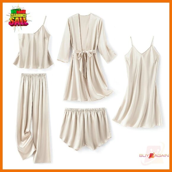 Silk Satin Pajama Set 5-Piece Sleepwear Loungewear Robe Cami Shorts